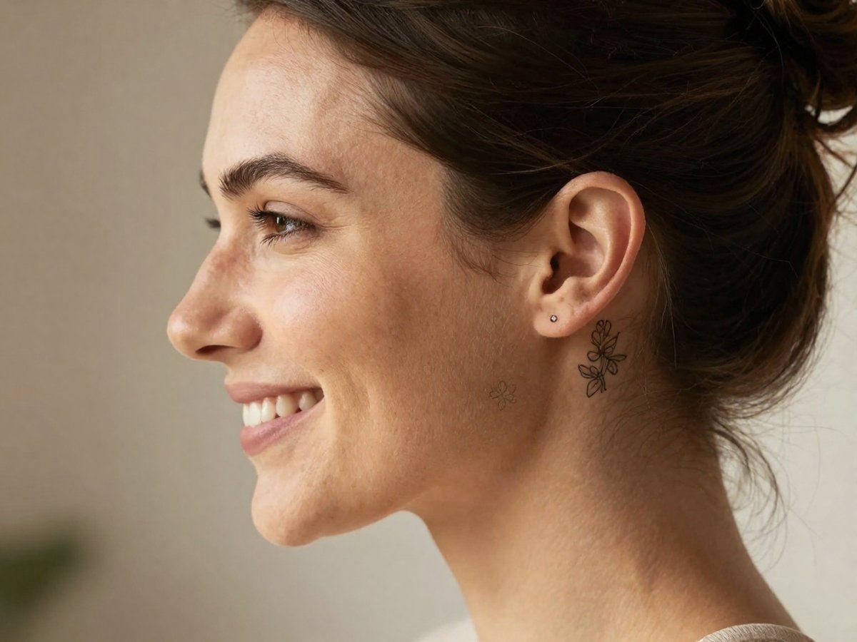 Behind the ear tattoo: small flower tattoo on a smiling woman