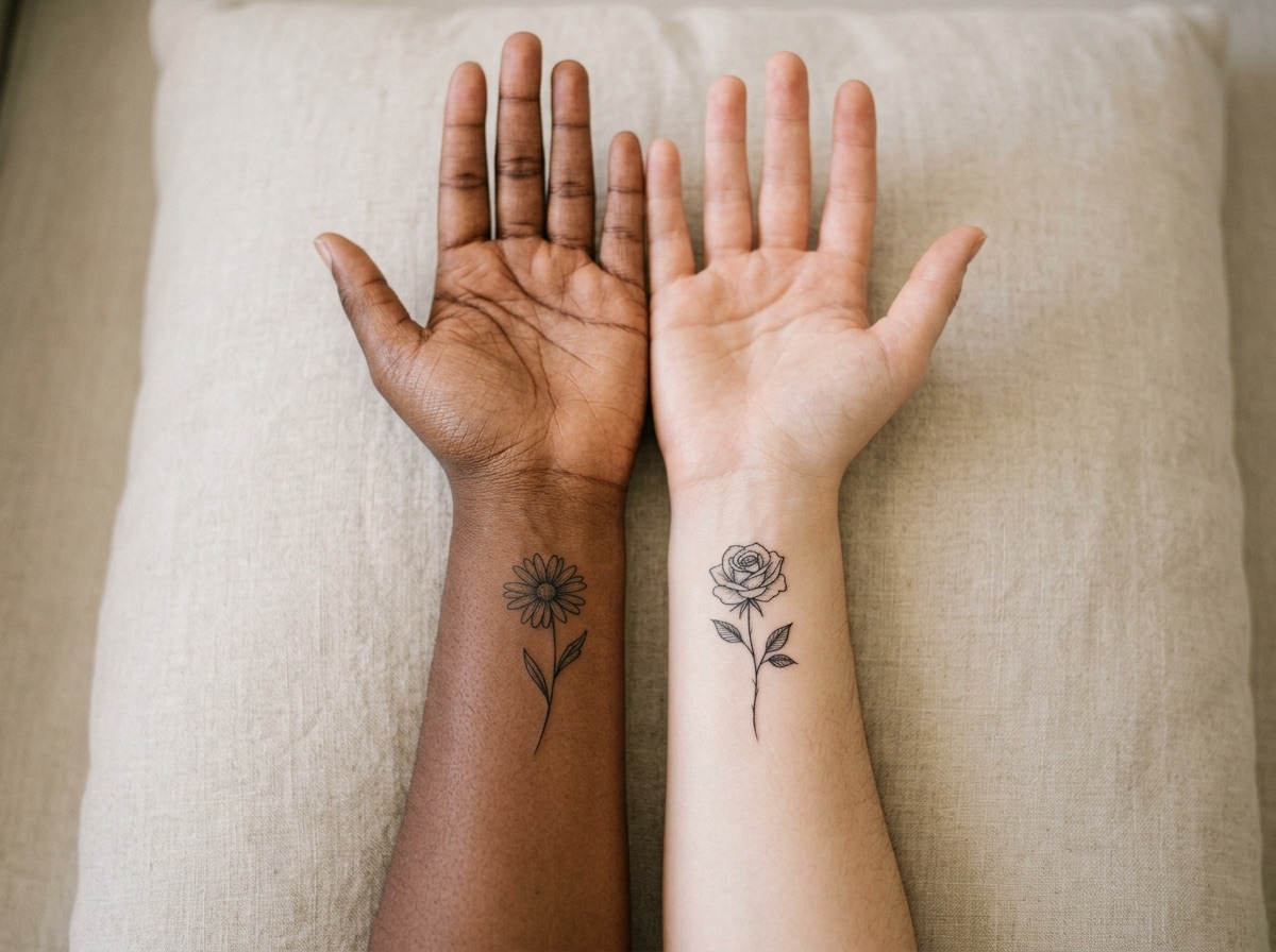 Matching daisy and rose birth flower best friend tattoos on the inner wrists