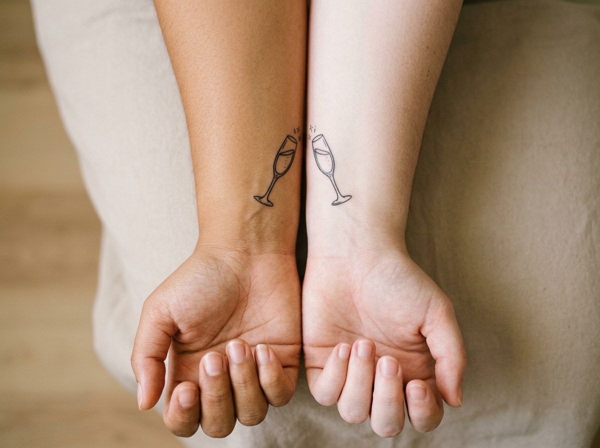 Cheers glasses best friend tattoos on two inner wrists