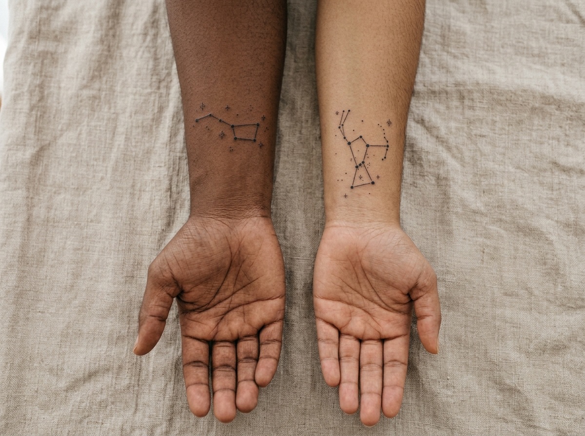 Zodiac constellation best friend tattoos on two inner forearms