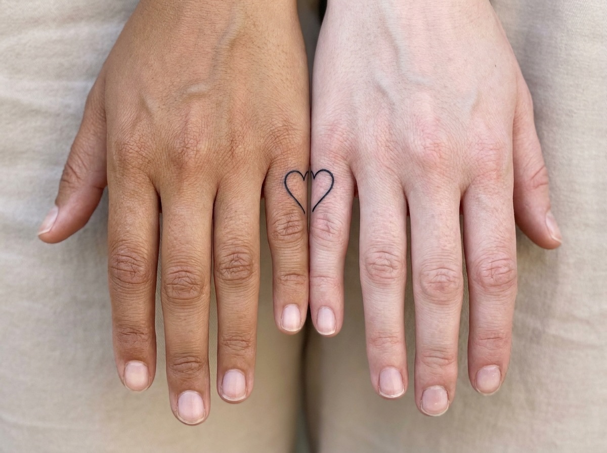 Two halves of a heart best friend tattoos on the little fingers