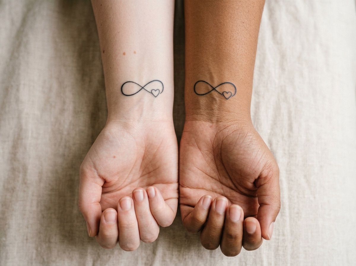 Infinity with heart best friend tattoos on the wrists