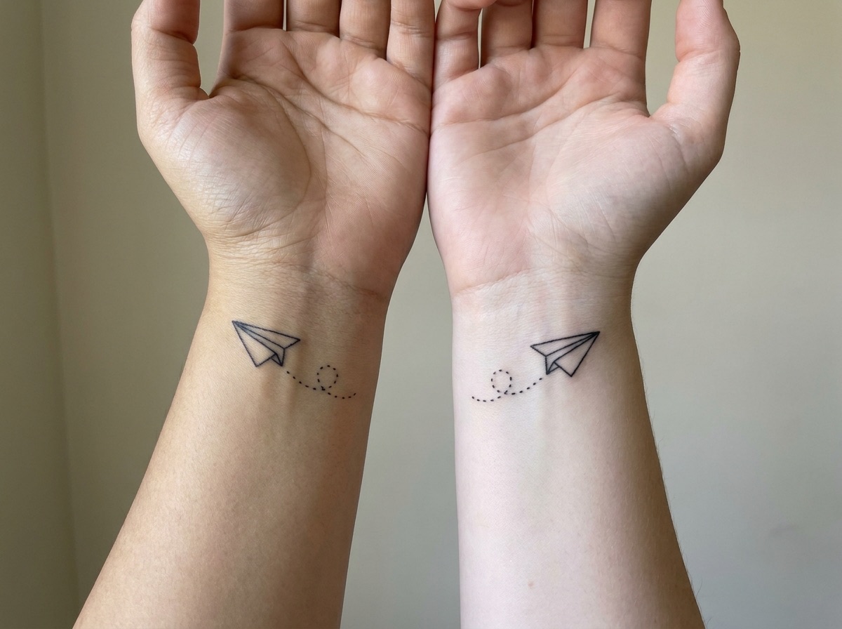 Matching paper plane best friend tattoos on the wrists