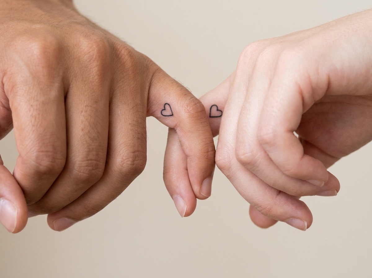 Pinky promise best friend tattoos: tiny matching hearts on two hooked little fingers