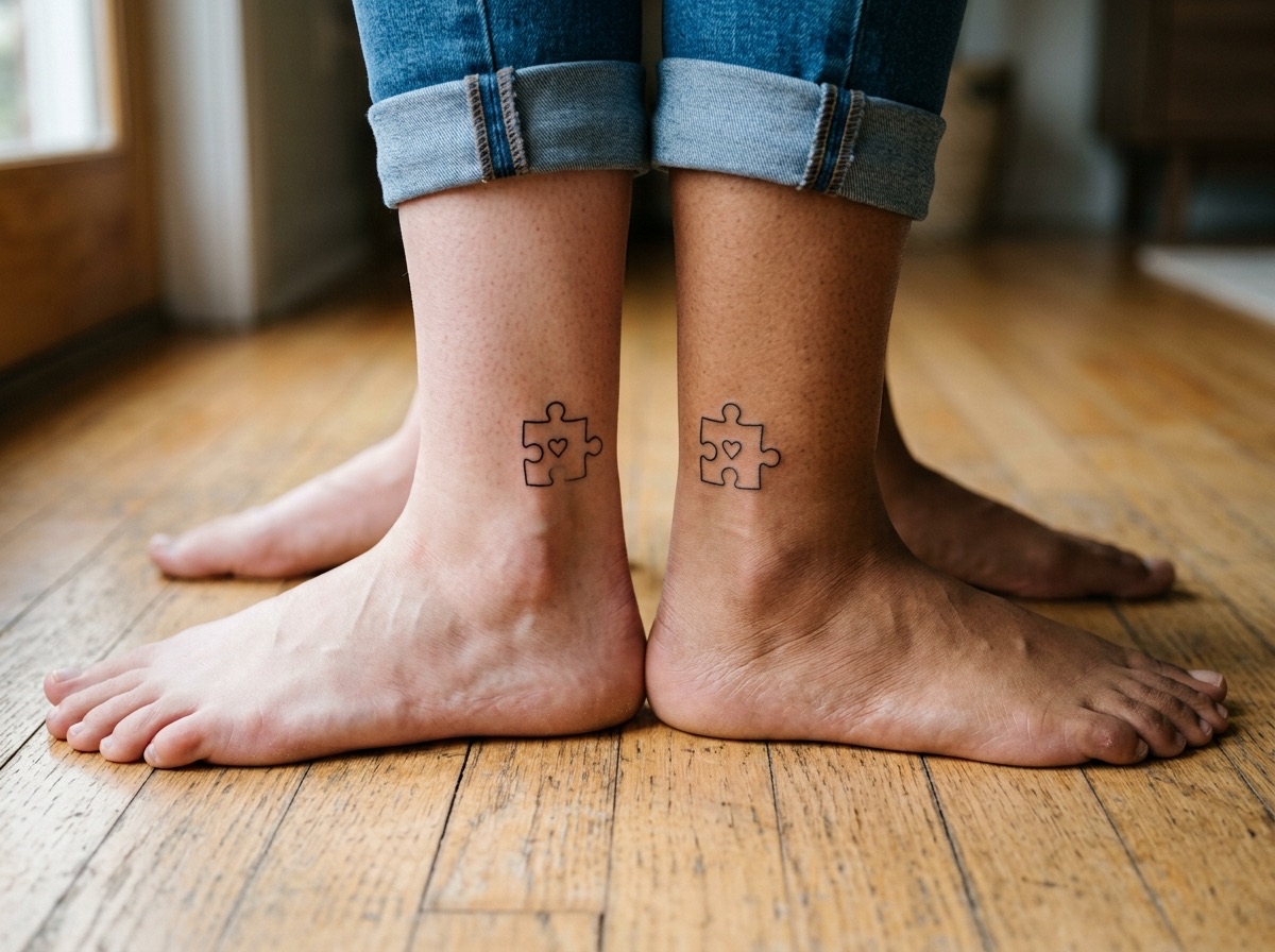Best friend tattoos: matching puzzle piece tattoos on two inner ankles that fit together