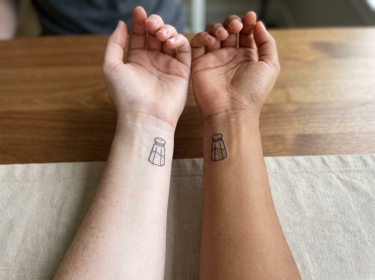 Salt and pepper shaker best friend tattoos on two inner wrists