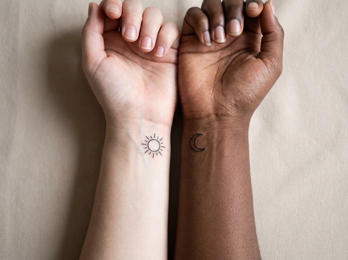 Sun and moon best friend tattoos on two inner wrists