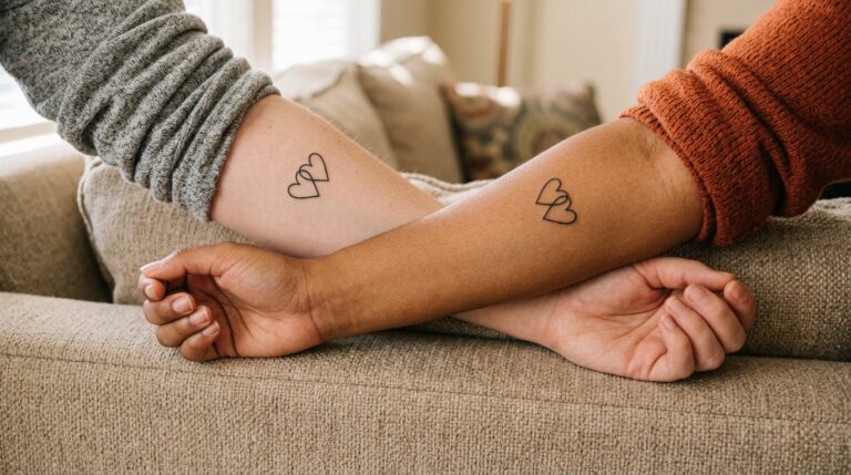 Best friend tattoos: two friends with matching small heart tattoos on their forearms