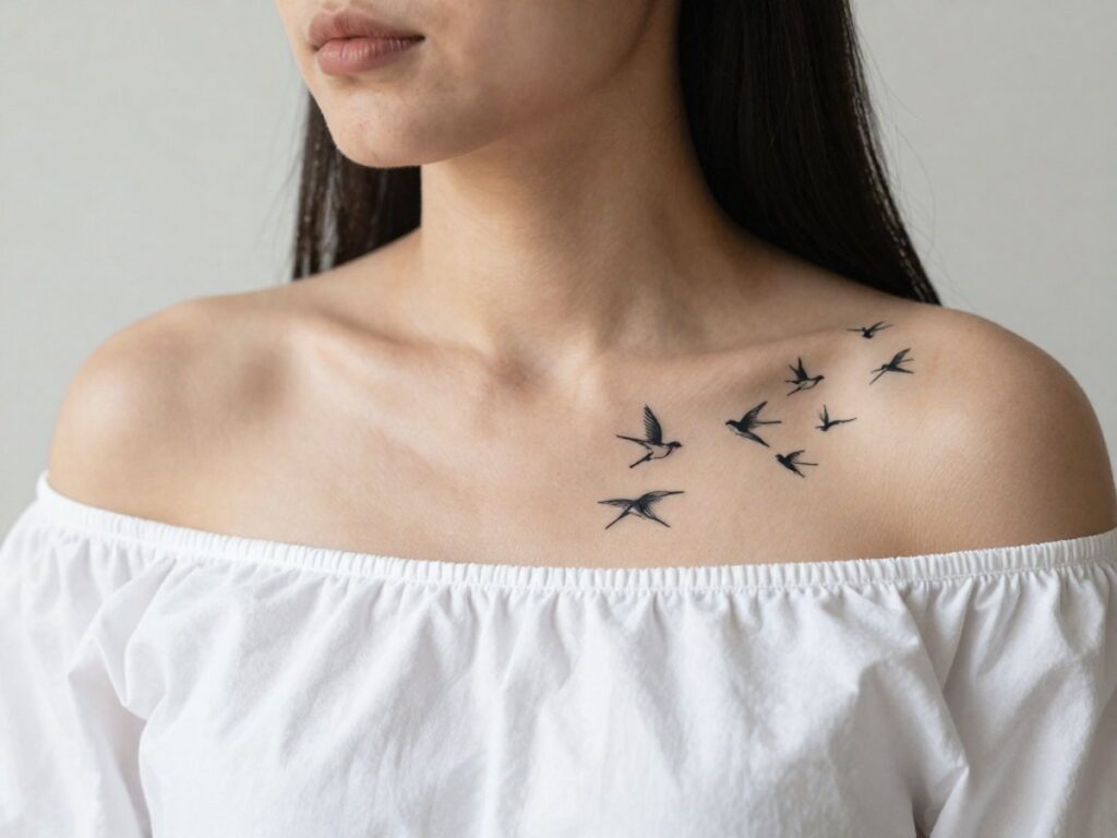 Bird tattoo meaning: small flying birds tattoo on the collarbone