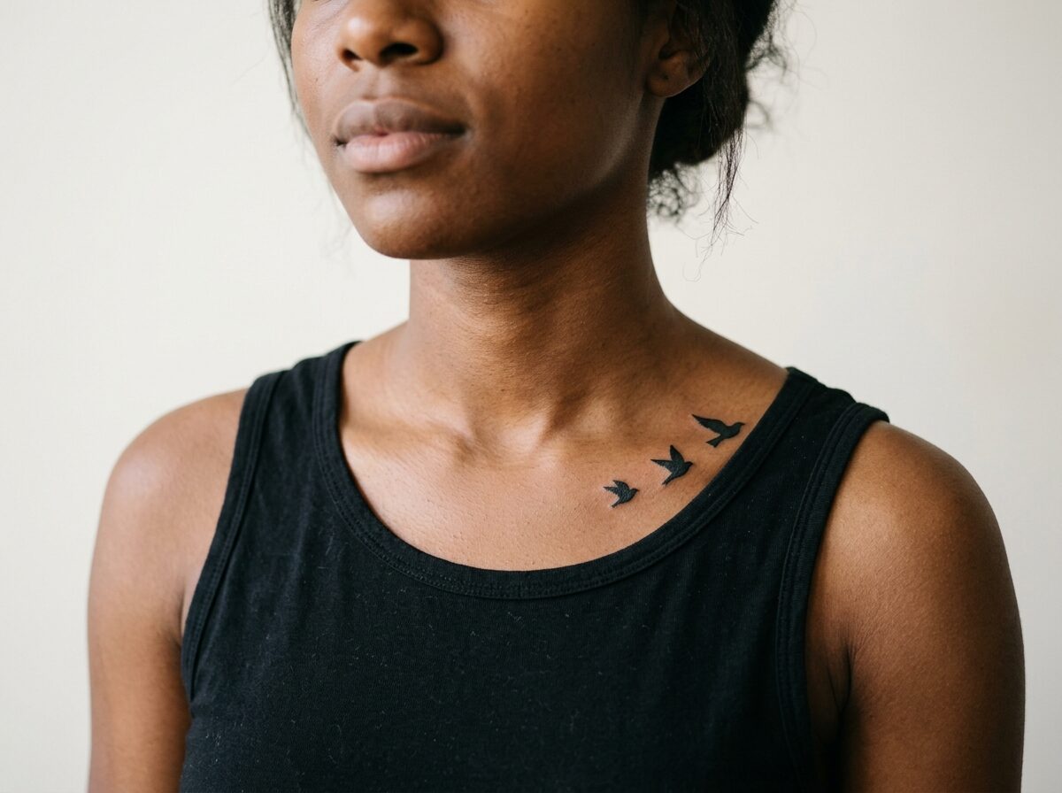 Three small birds flying along the collarbone toward the shoulder