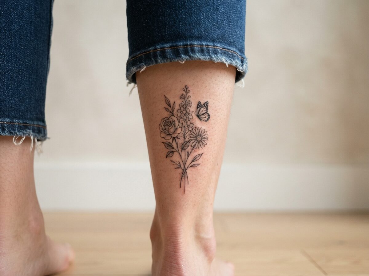 A small bouquet of three birth flowers with a butterfly on the back of the calf