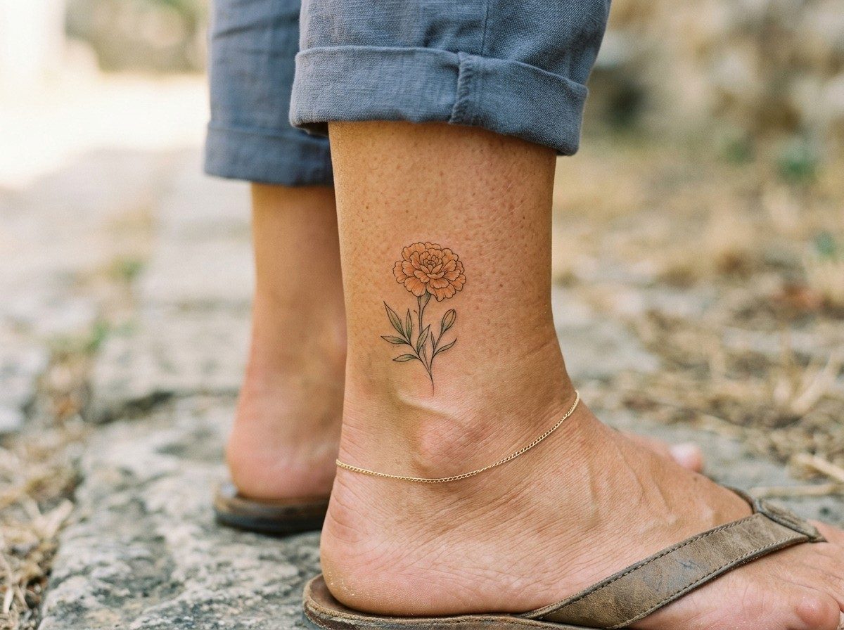 Birth flower tattoo: october birth flower: marigold on the ankle