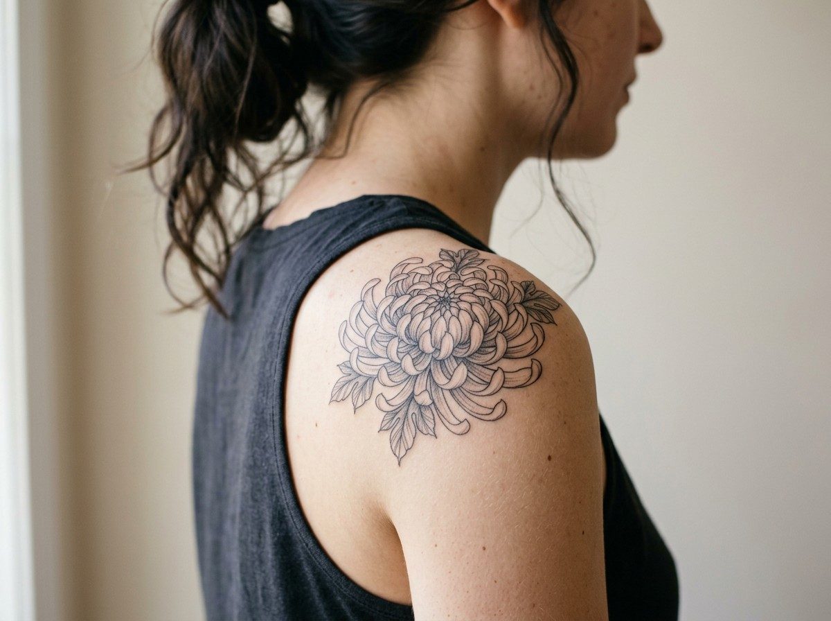 Birth flower tattoo: november birth flower: chrysanthemum on the shoulder