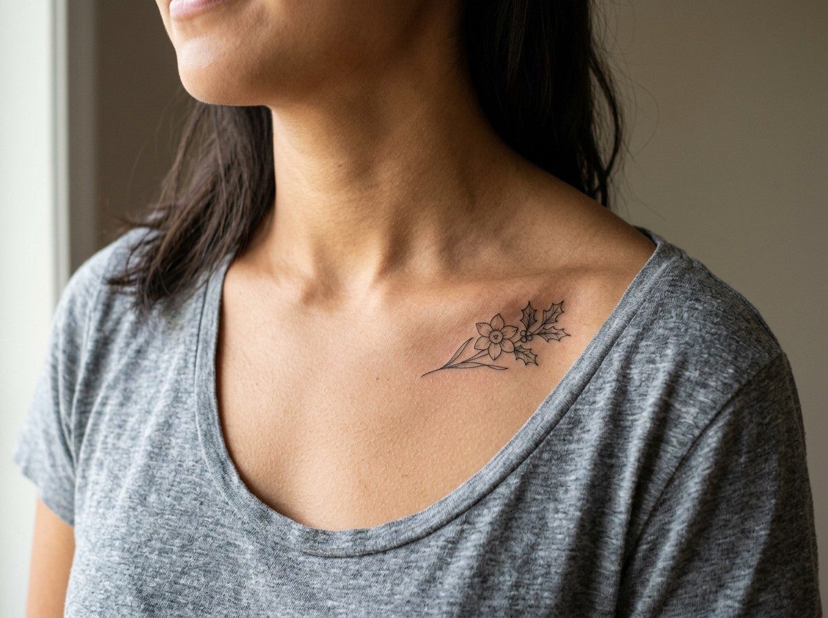 Birth flower tattoo: december birth flower: narcissus on the collarbone