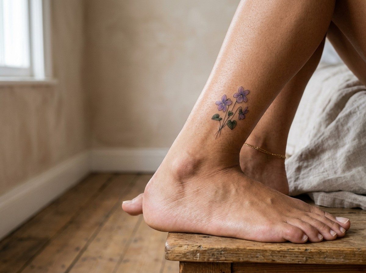 Birth flower tattoo: february birth flower: violet on the ankle