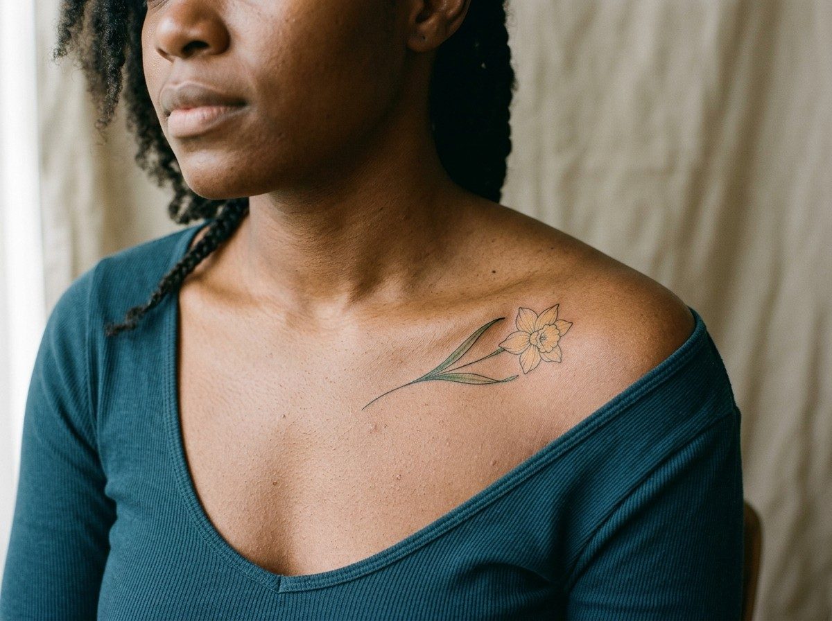 Birth flower tattoo: march birth flower: daffodil on the collarbone