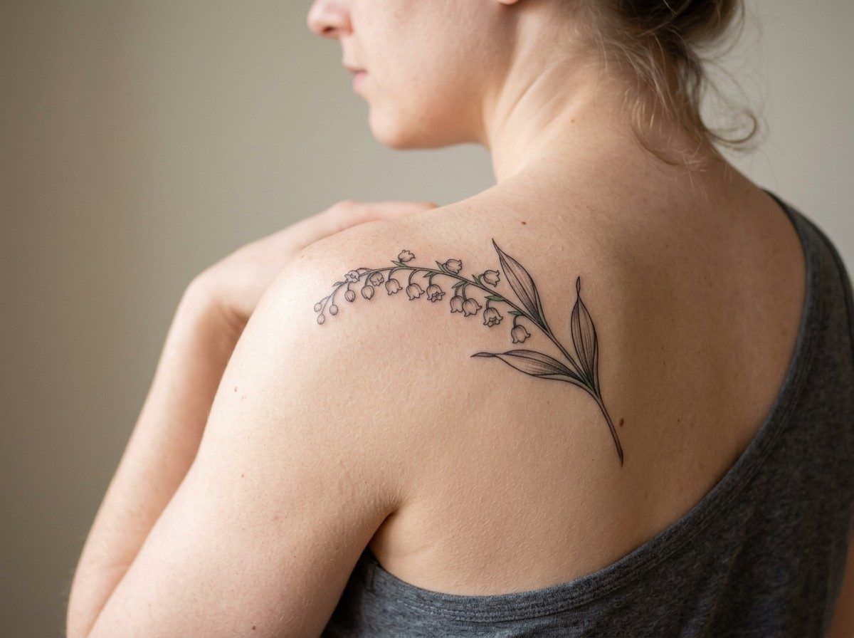 Birth flower tattoo: may birth flower: lily of the valley on the shoulder