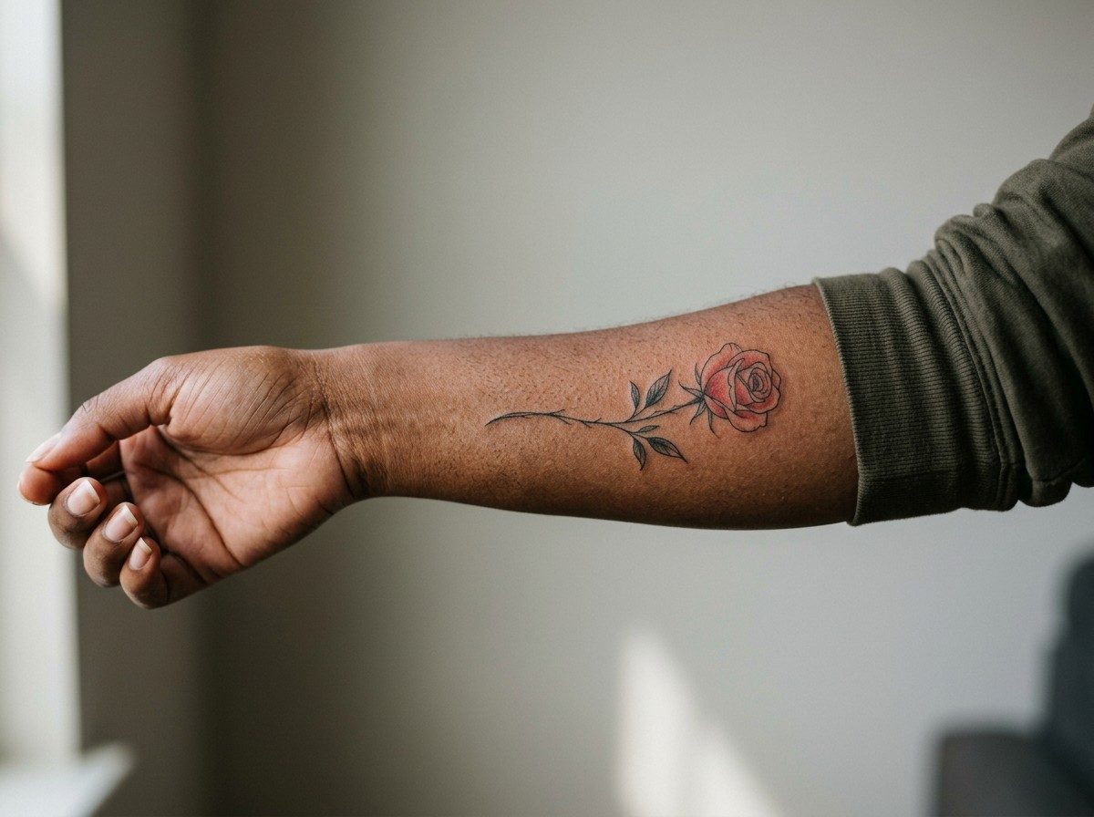Birth flower tattoo: june birth flower: rose on the outer forearm