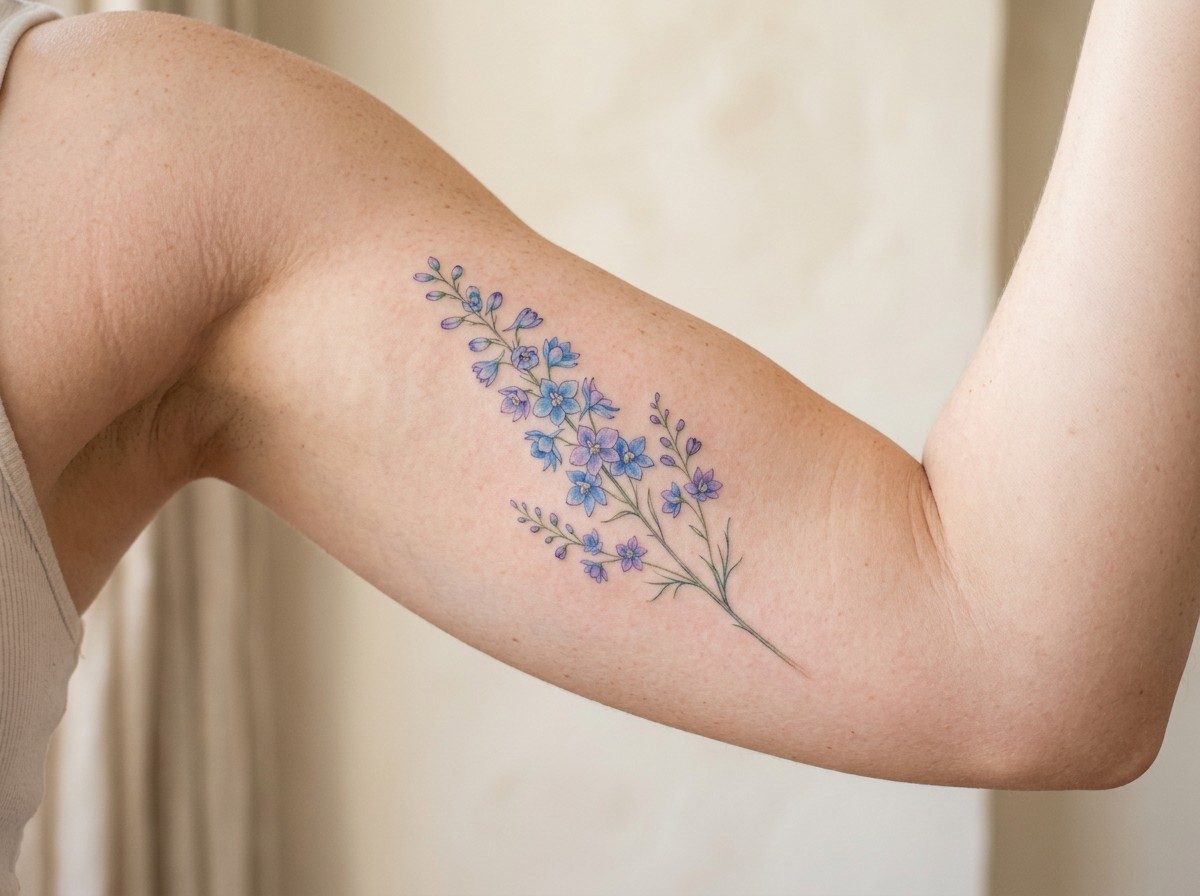 Birth flower tattoo: july birth flower: larkspur on the upper arm