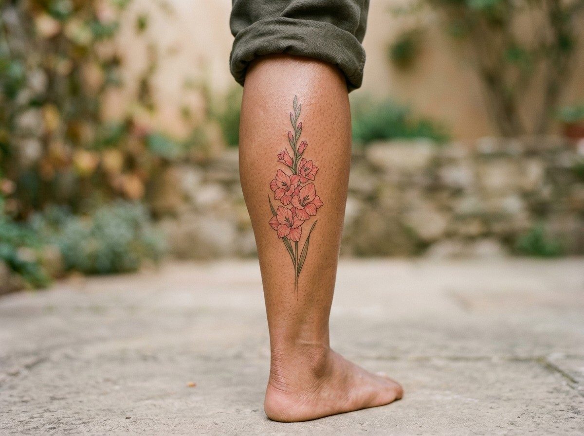 Birth flower tattoo: august birth flower: gladiolus on the lower leg (human calf muscle)