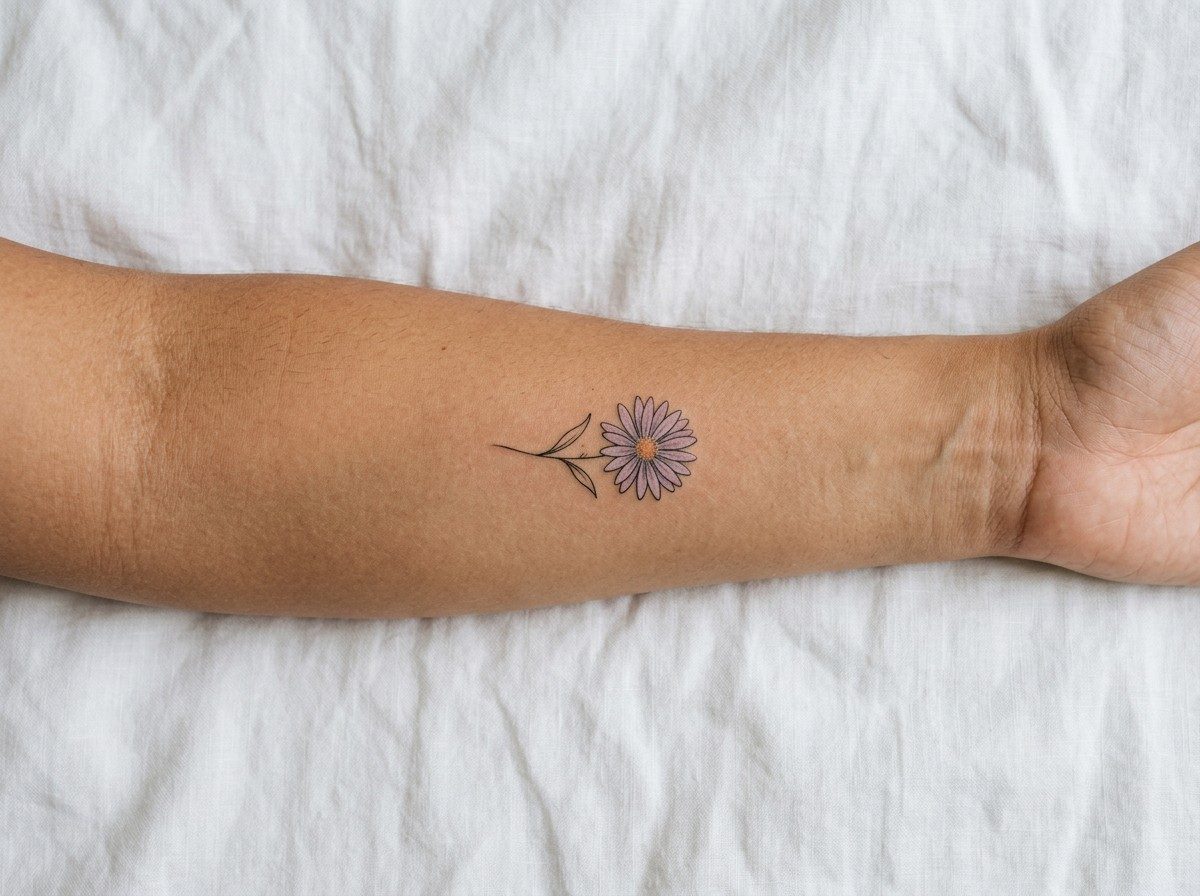 Birth flower tattoo: september birth flower: aster on the inner forearm