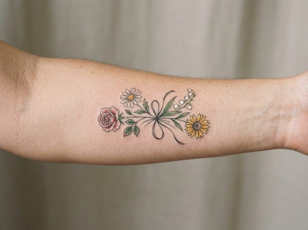 Birth flower tattoo: fine line bouquet of birth flowers on the forearm