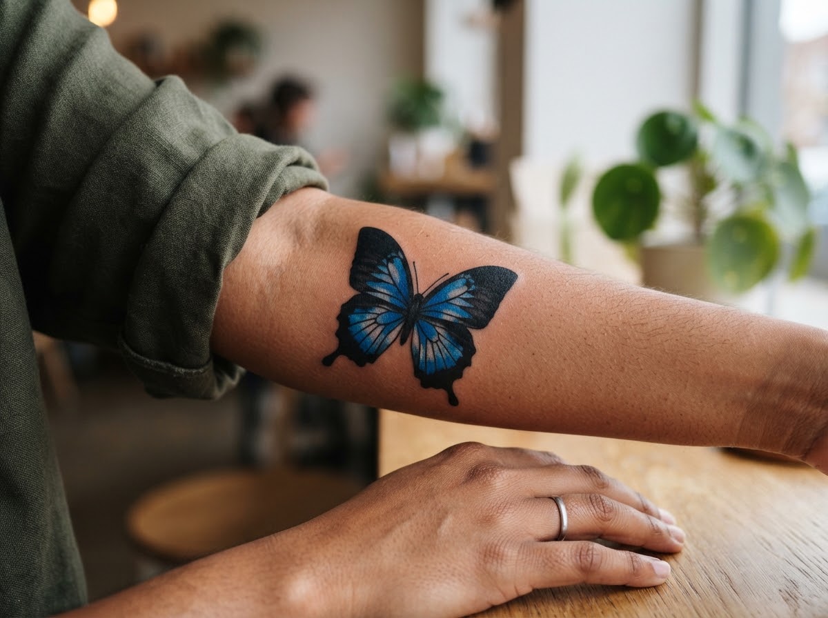 Black and blue butterfly tattoo on the forearm