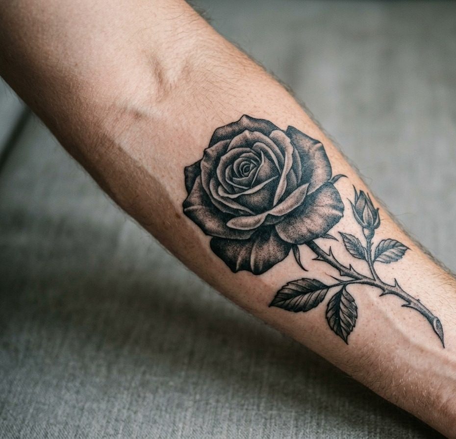 Black rose tattoo: realistic black rose on the outer forearm