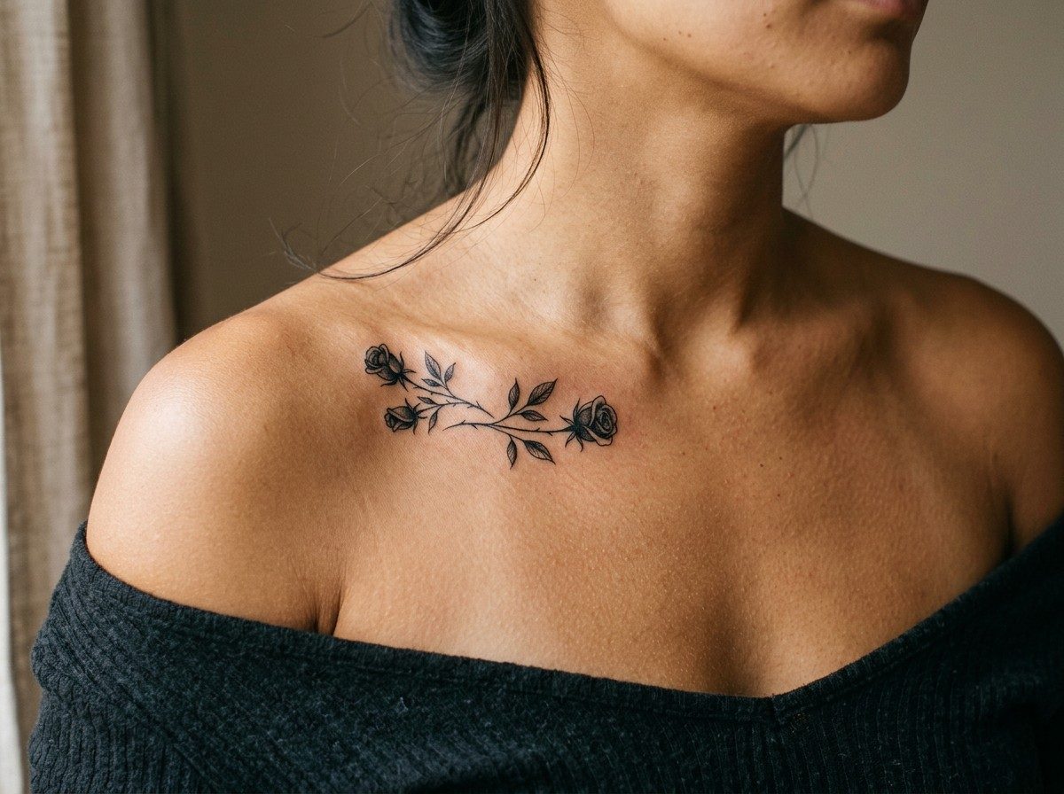 Black rose tattoo: black roses on the collarbone on the collarbone