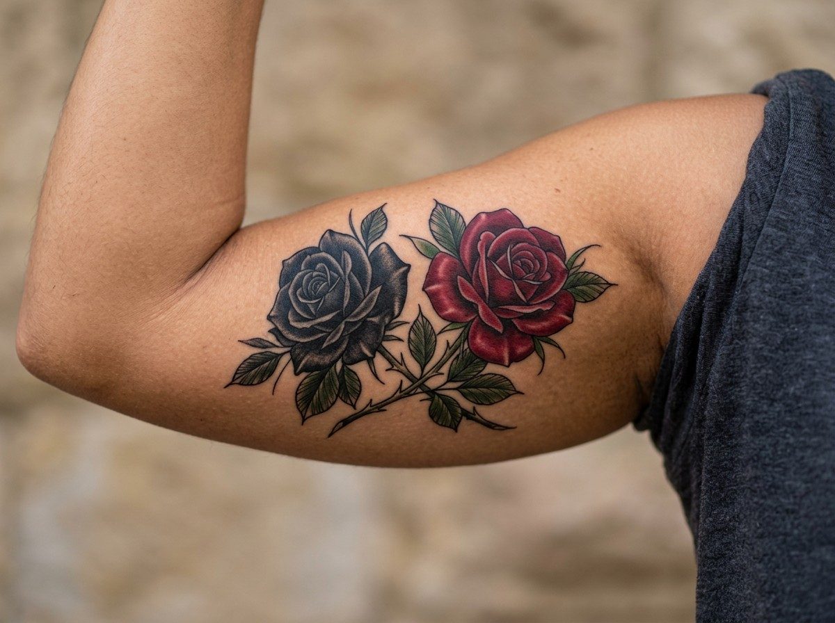 Black rose tattoo: black and red rose on the upper arm