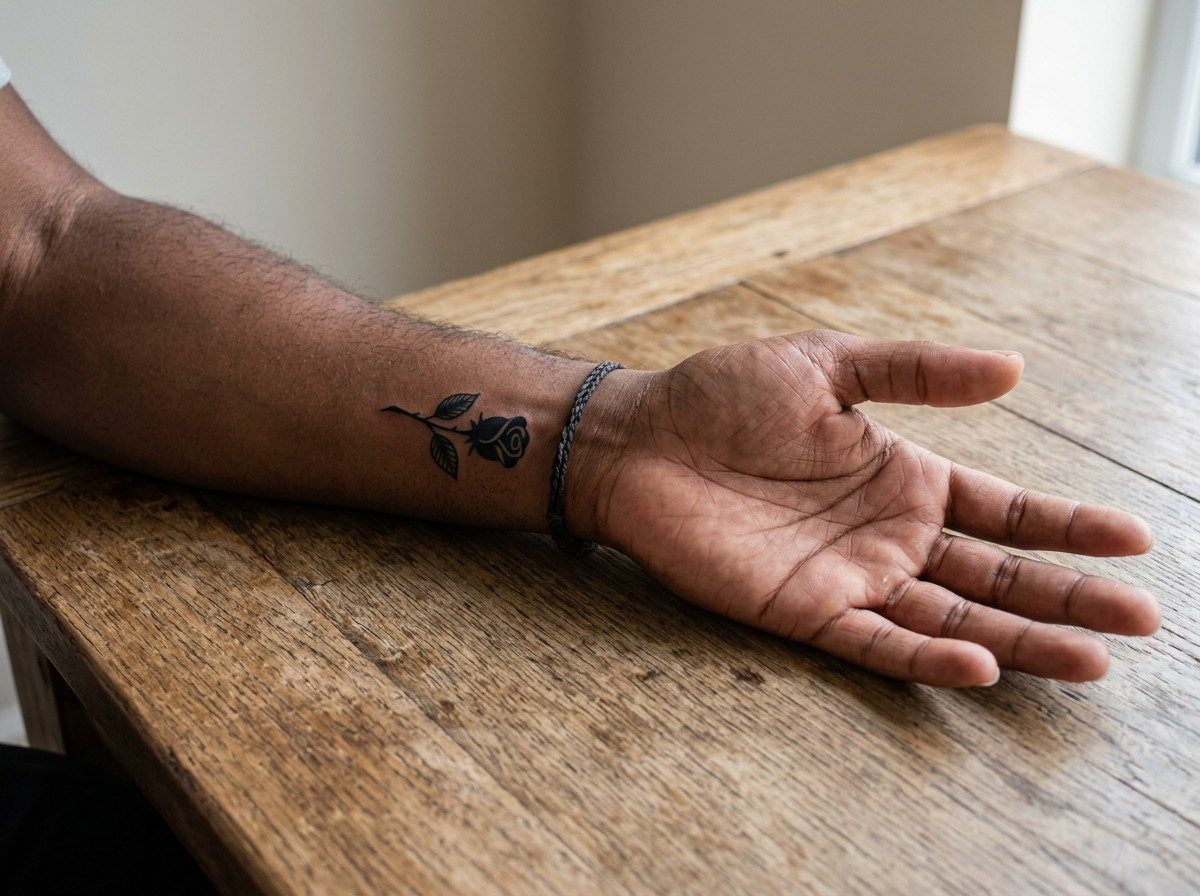 Black rose tattoo: small black rose on the wrist