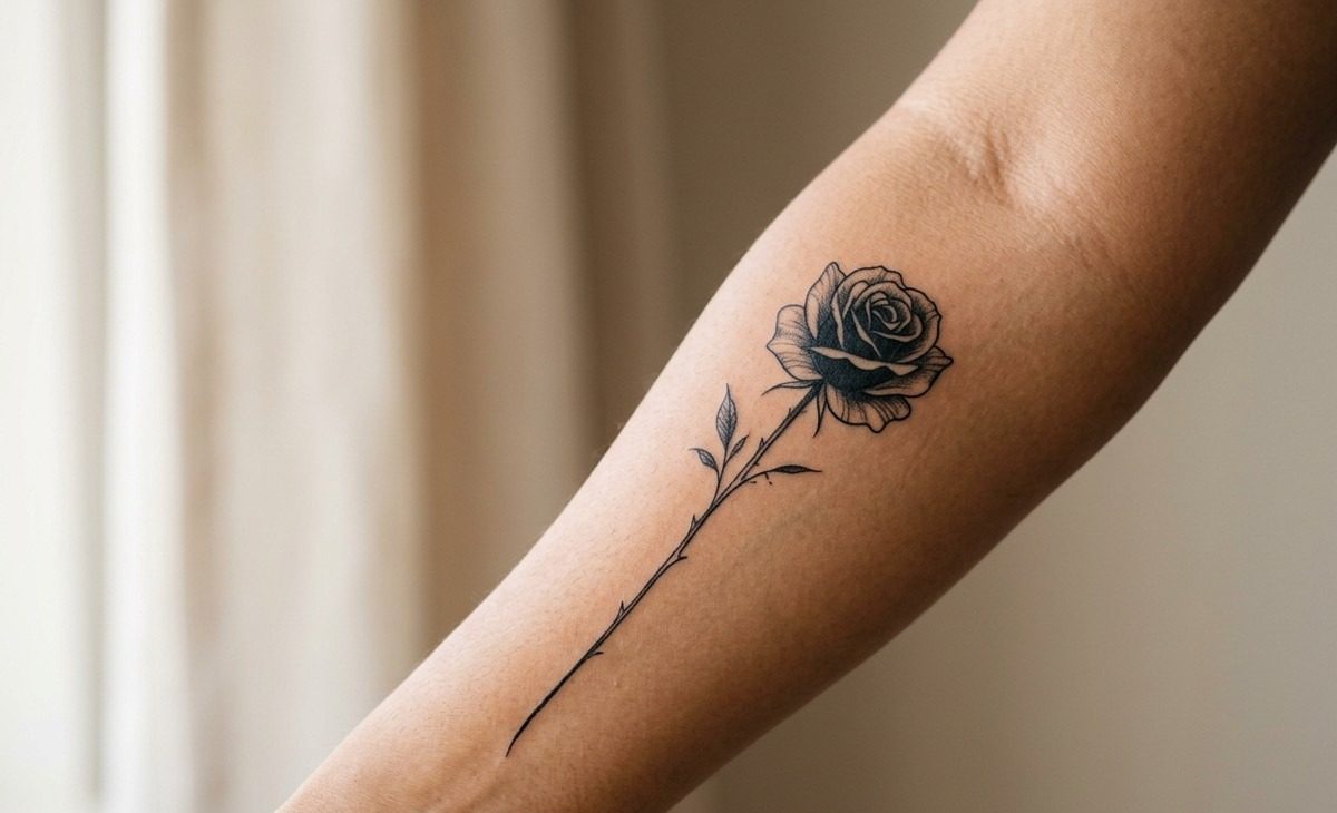 Black rose tattoo: fine line black rose on the inner forearm