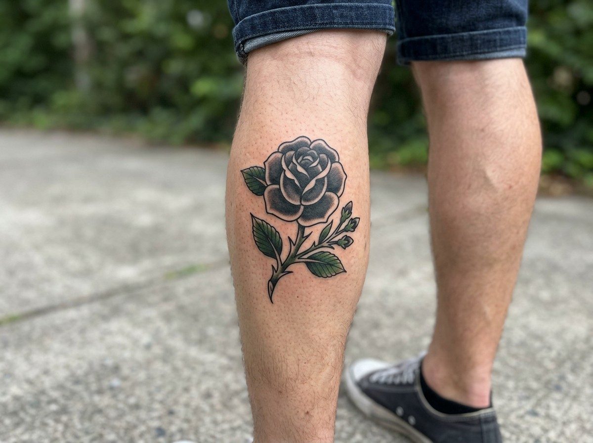 Black rose tattoo: traditional black rose on the calf