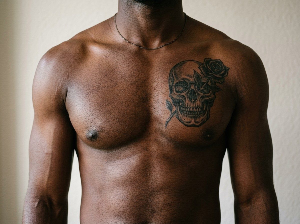 Black rose tattoo: black rose and skull on the chest