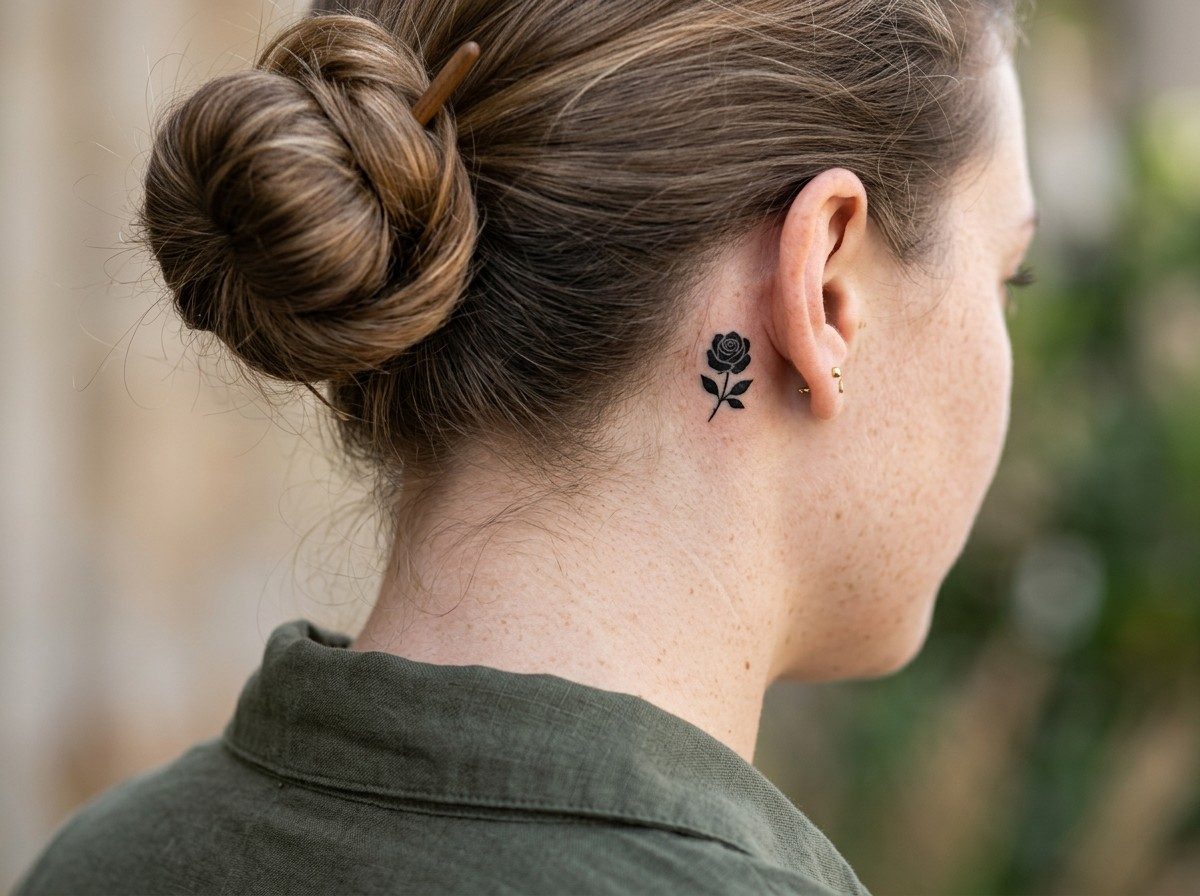 Black rose tattoo: black rose behind the ear behind the ear