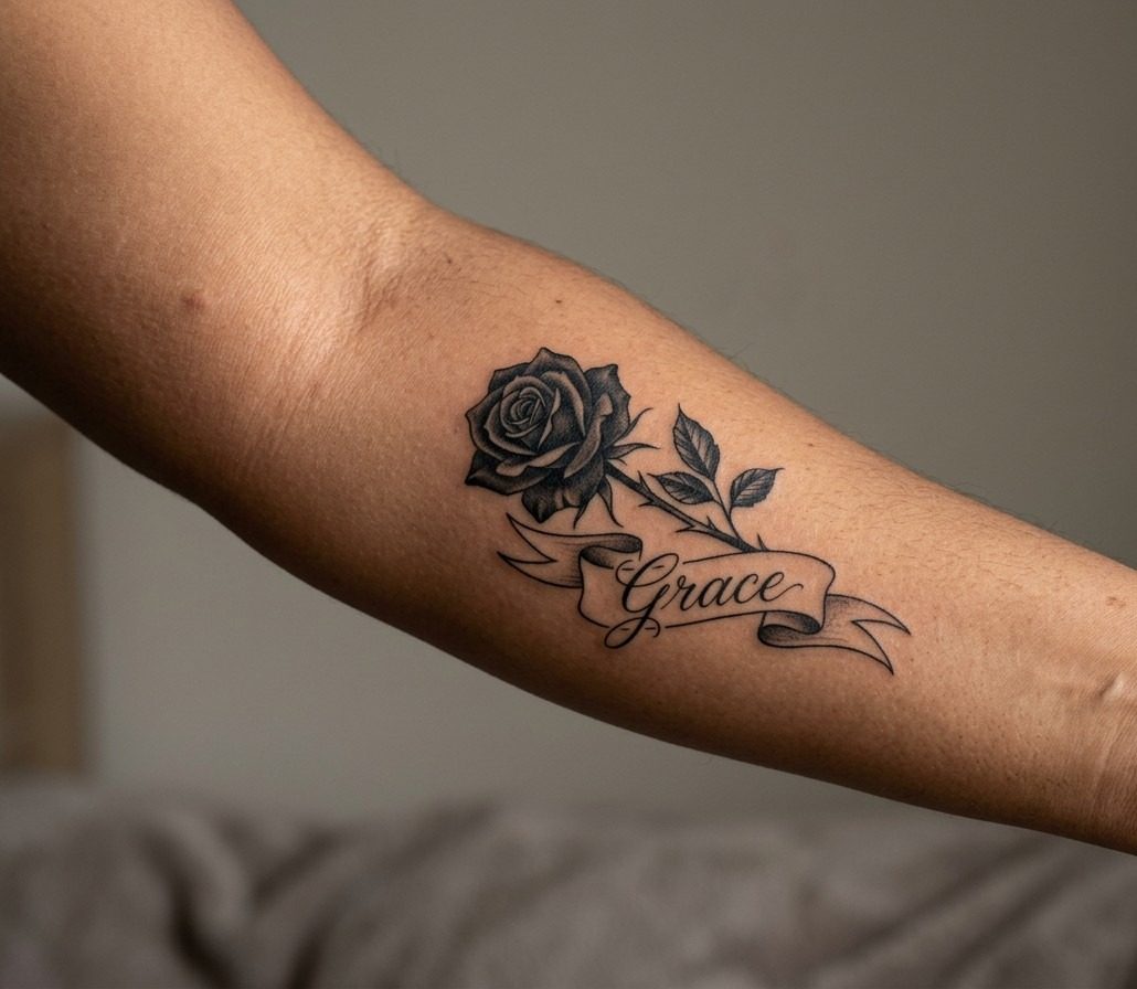 Black rose tattoo: black rose with name on the forearm
