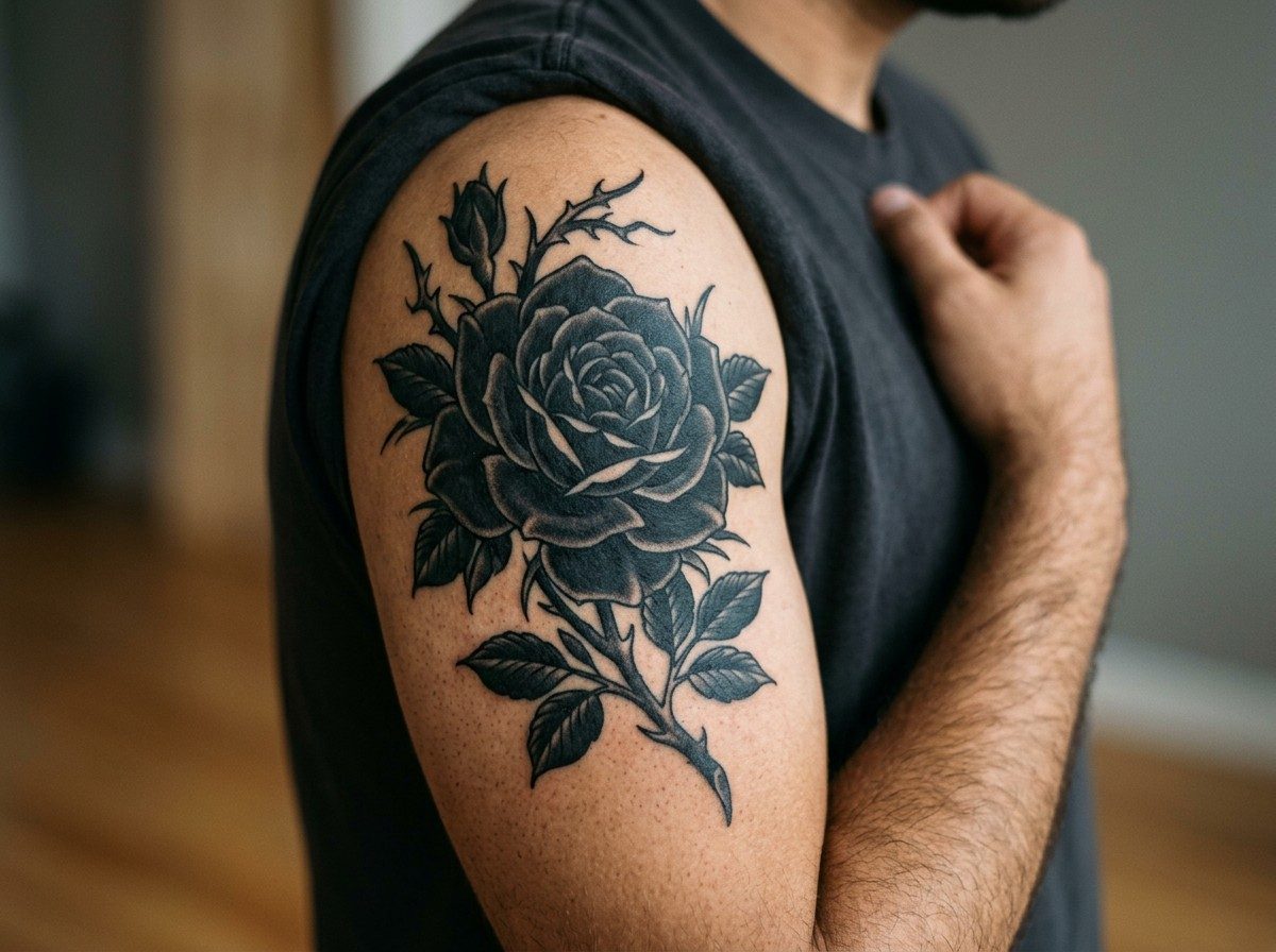 Black rose tattoo: black rose cover up on the upper arm