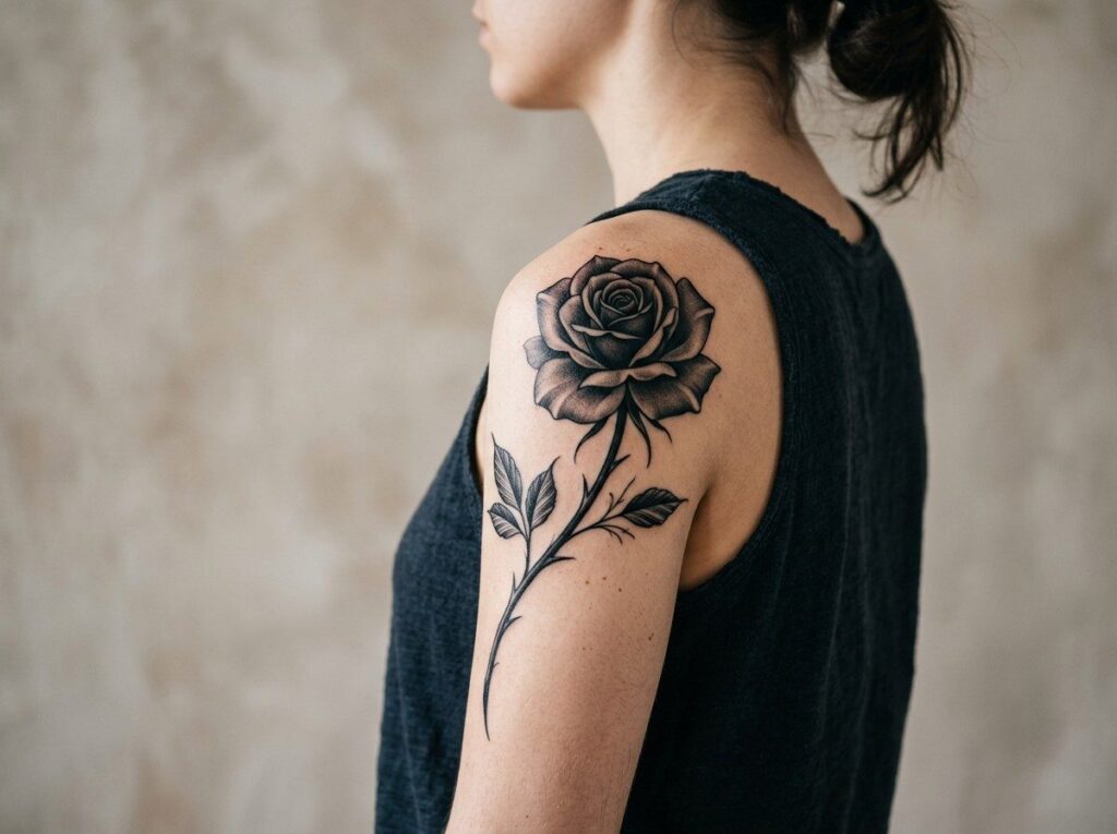 Black rose tattoo: realistic black rose with thorny stem on the shoulder