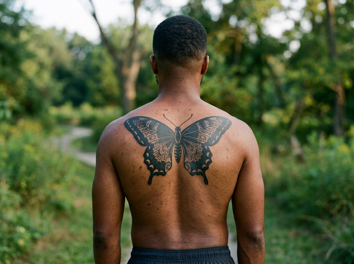 Blackwork butterfly back tattoo on a man