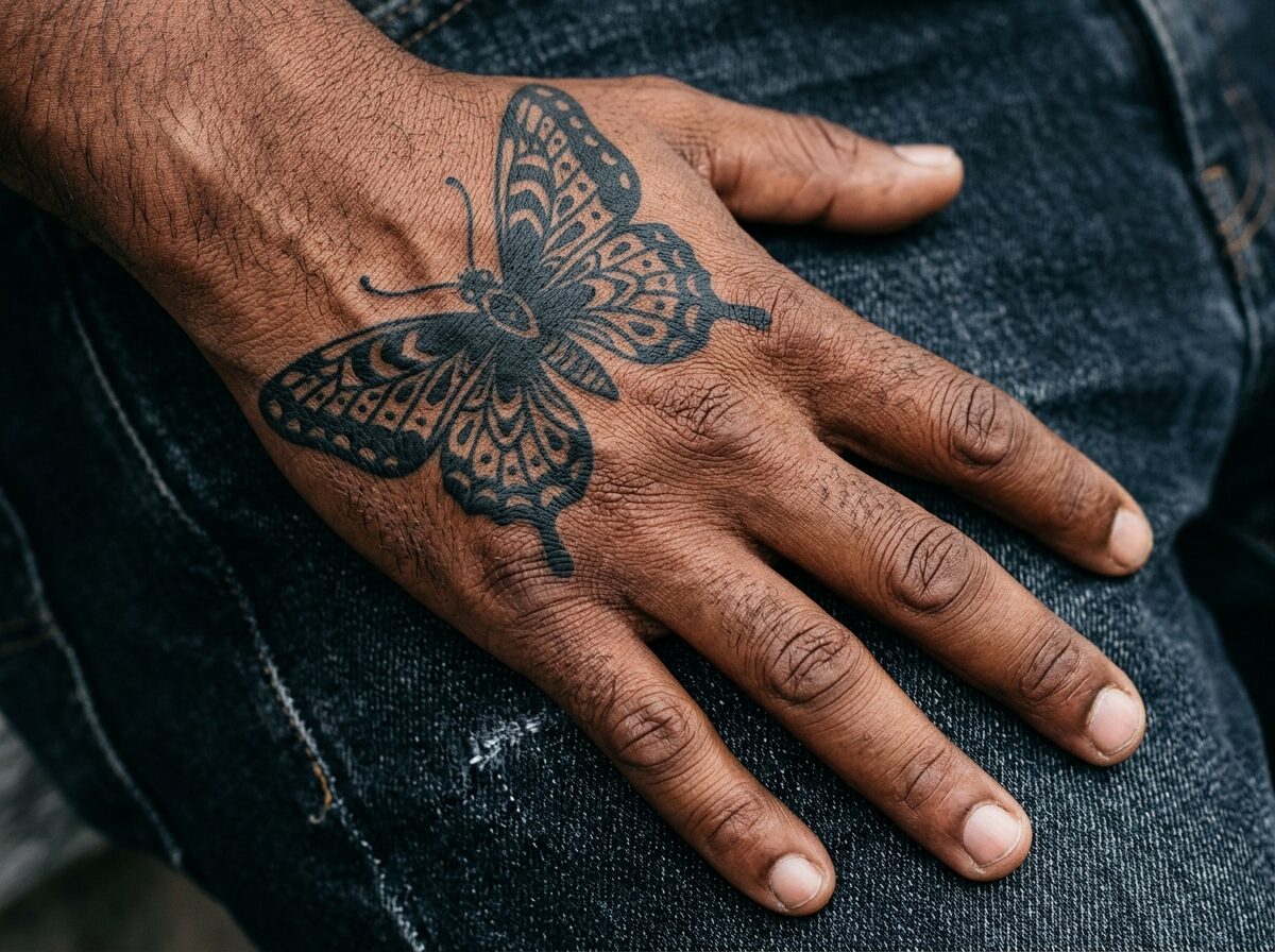 Bold blackwork butterfly hand tattoo on a man
