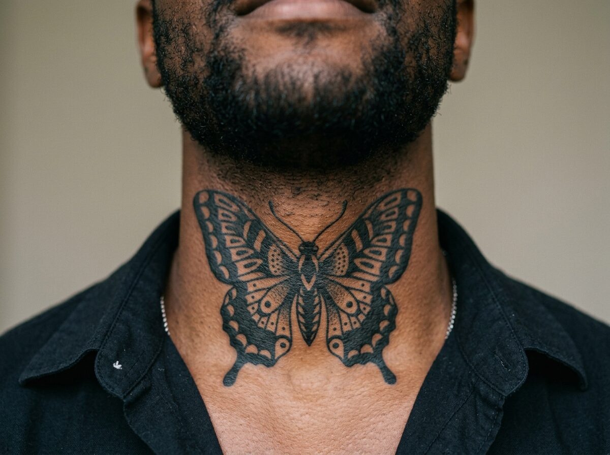 Blackwork butterfly throat tattoo on a man