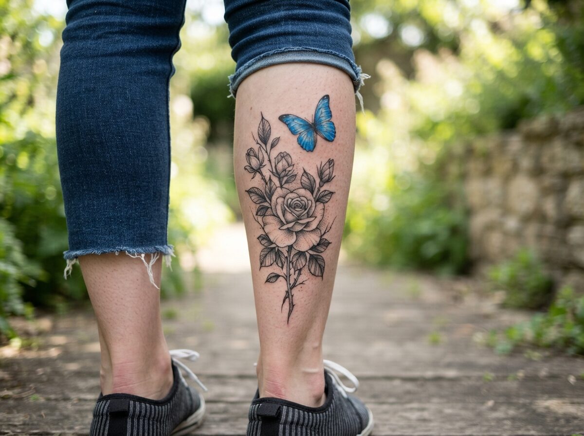 Blue butterfly on a black rose tattoo on the calf