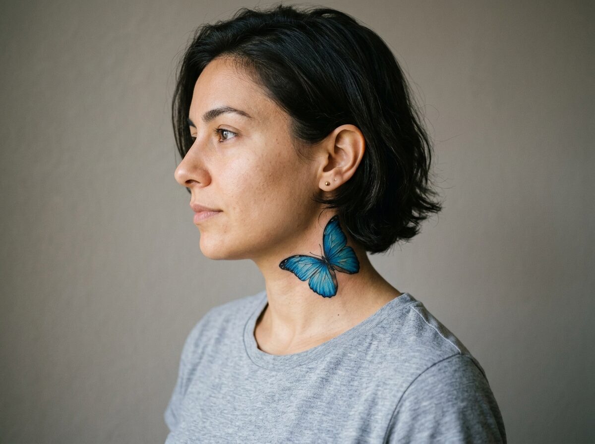 Blue butterfly tattoo on the side of the neck