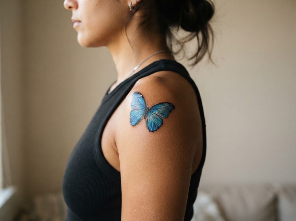 Blue butterfly tattoo: realistic blue morpho on the shoulder