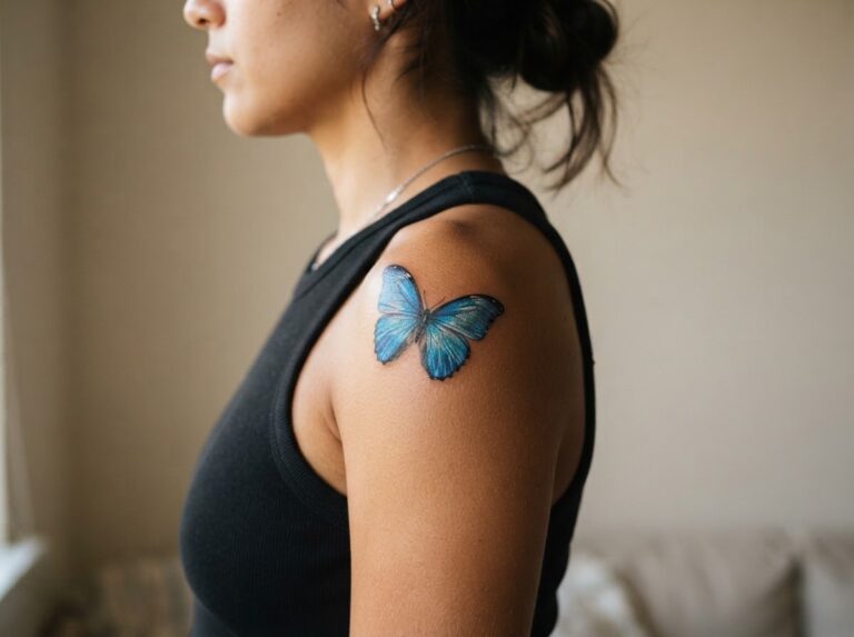 Blue butterfly tattoo: realistic blue morpho on the shoulder