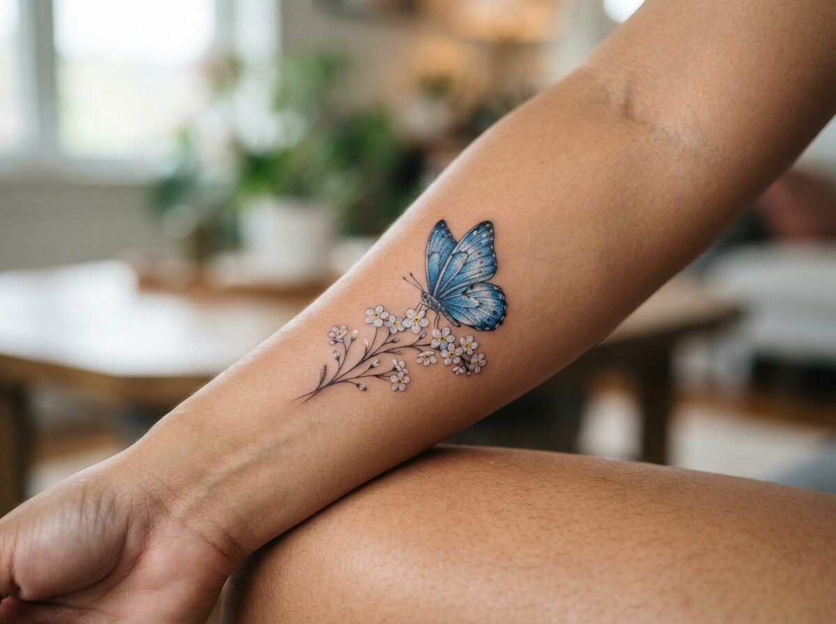 Blue butterfly with white forget me not flowers tattoo on the forearm