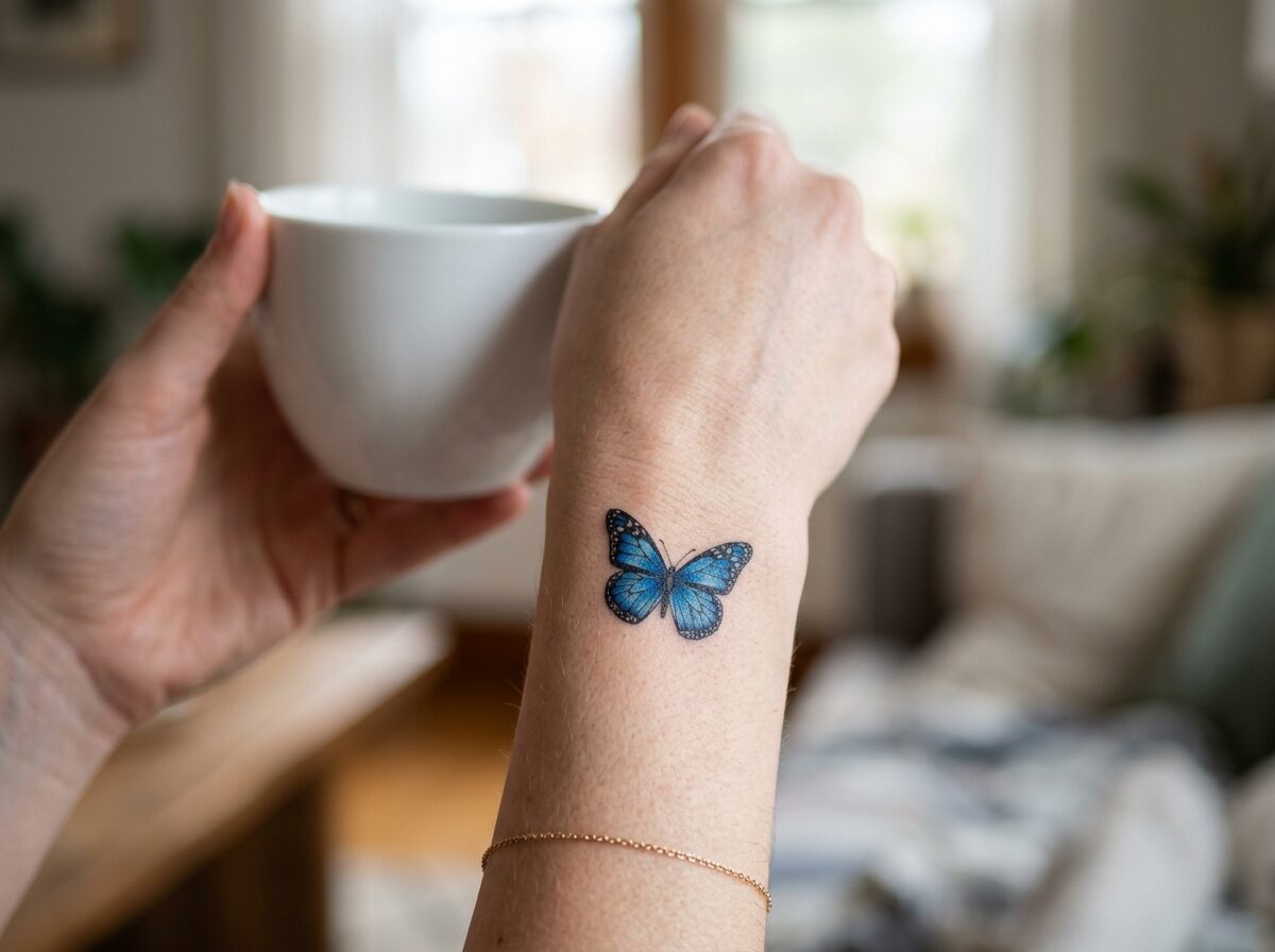 Blue butterfly wrist tattoo