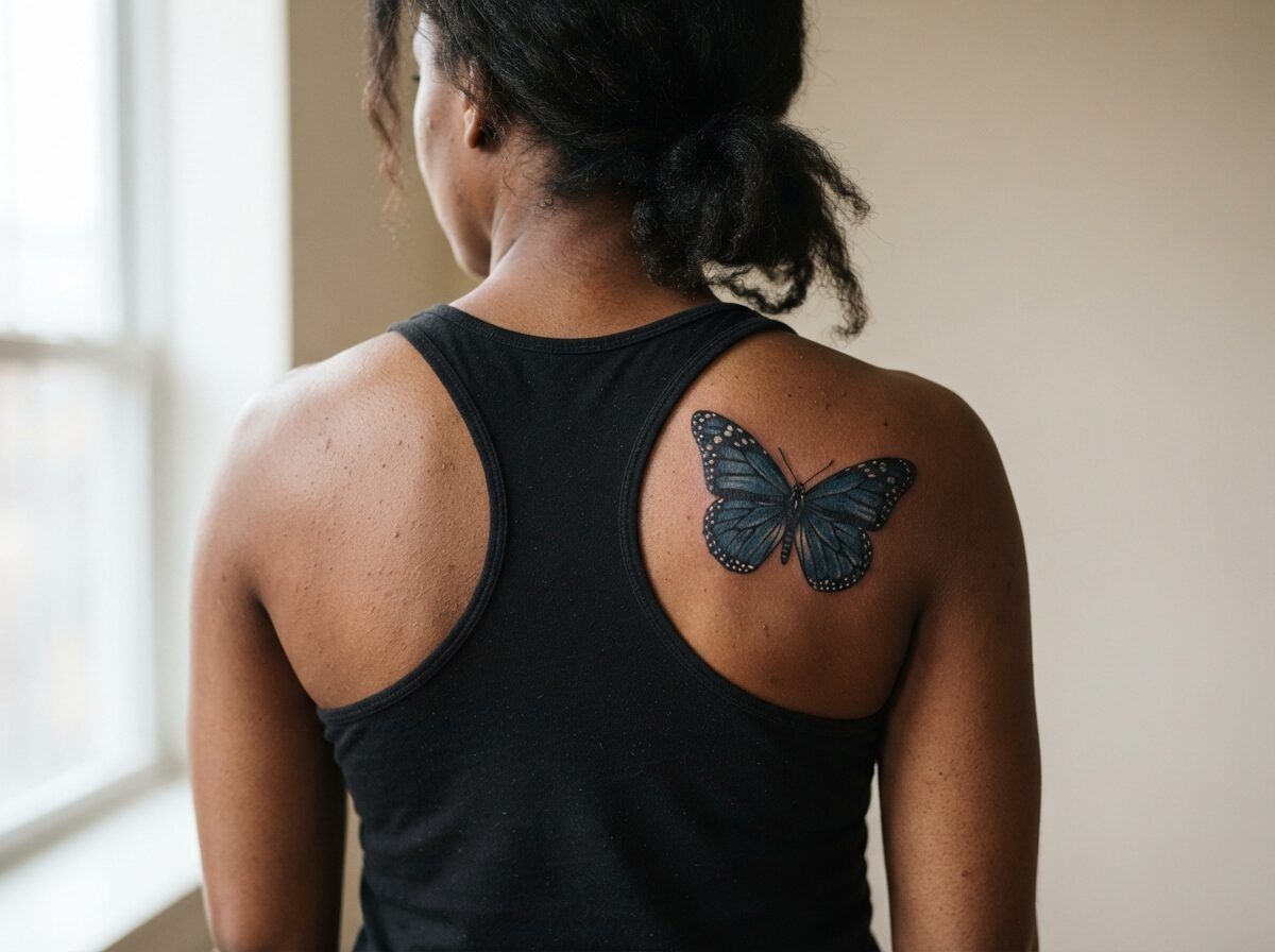 Blue monarch butterfly tattoo on the shoulder blade