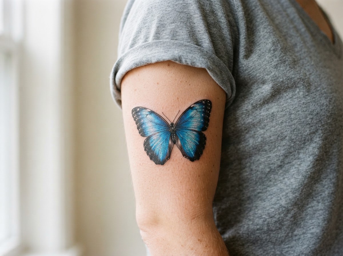 Blue butterfly tattoo: realistic blue morpho on the upper arm