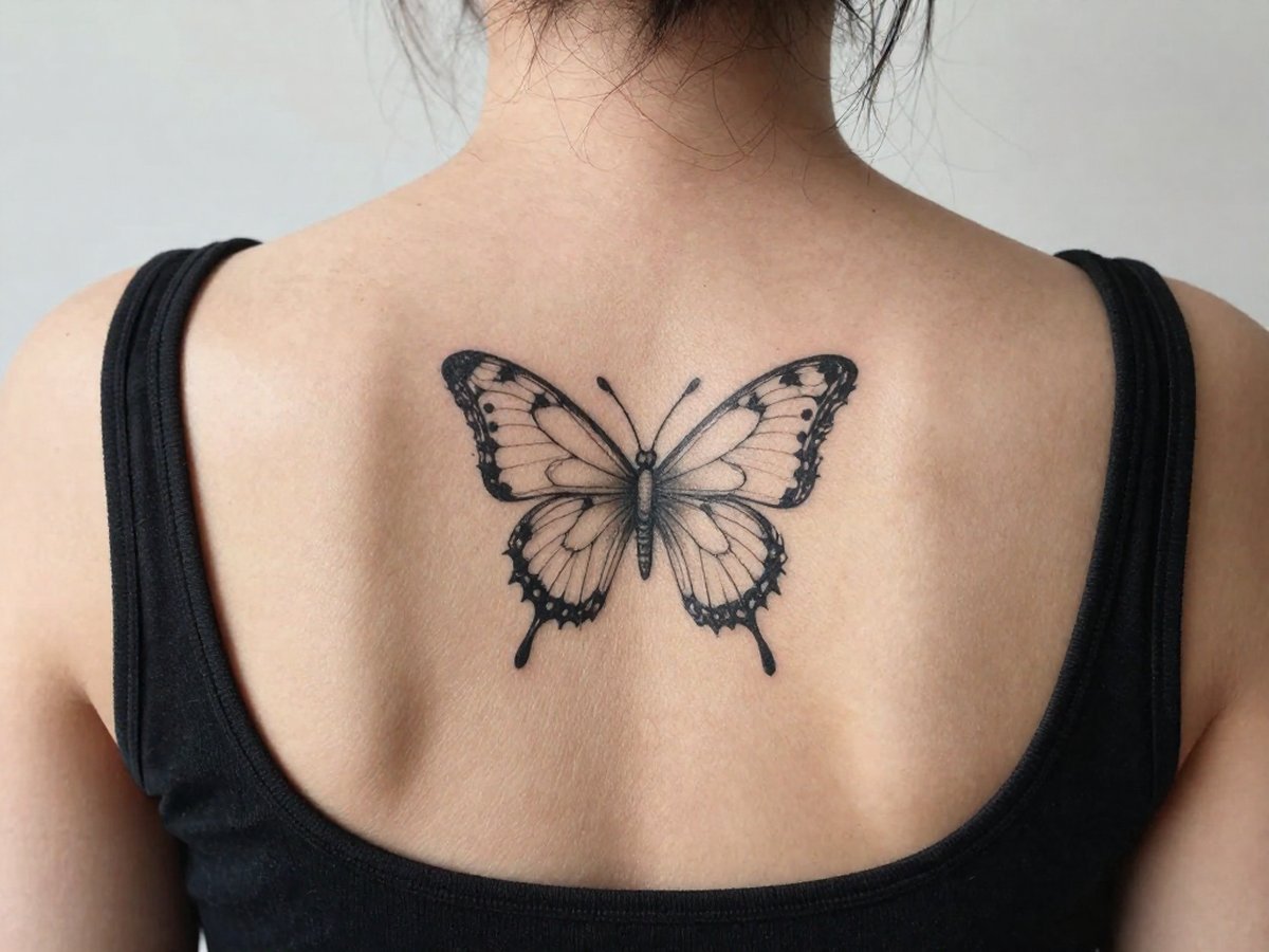 Bold fine line butterfly tattoo across the upper back
